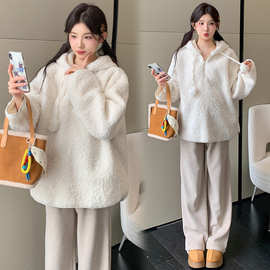 2025秋冬款新款孕妇卫衣宽松毛茸茸加绒羊羔毛连帽孕妇中长款上衣