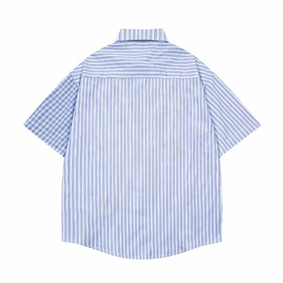 Summer Trendy Brand Cartoon Puppy Embroidered Striped Plaid Colorblock Short-sleeved Shirt for Men and Women Retro Loose Couple Shirt