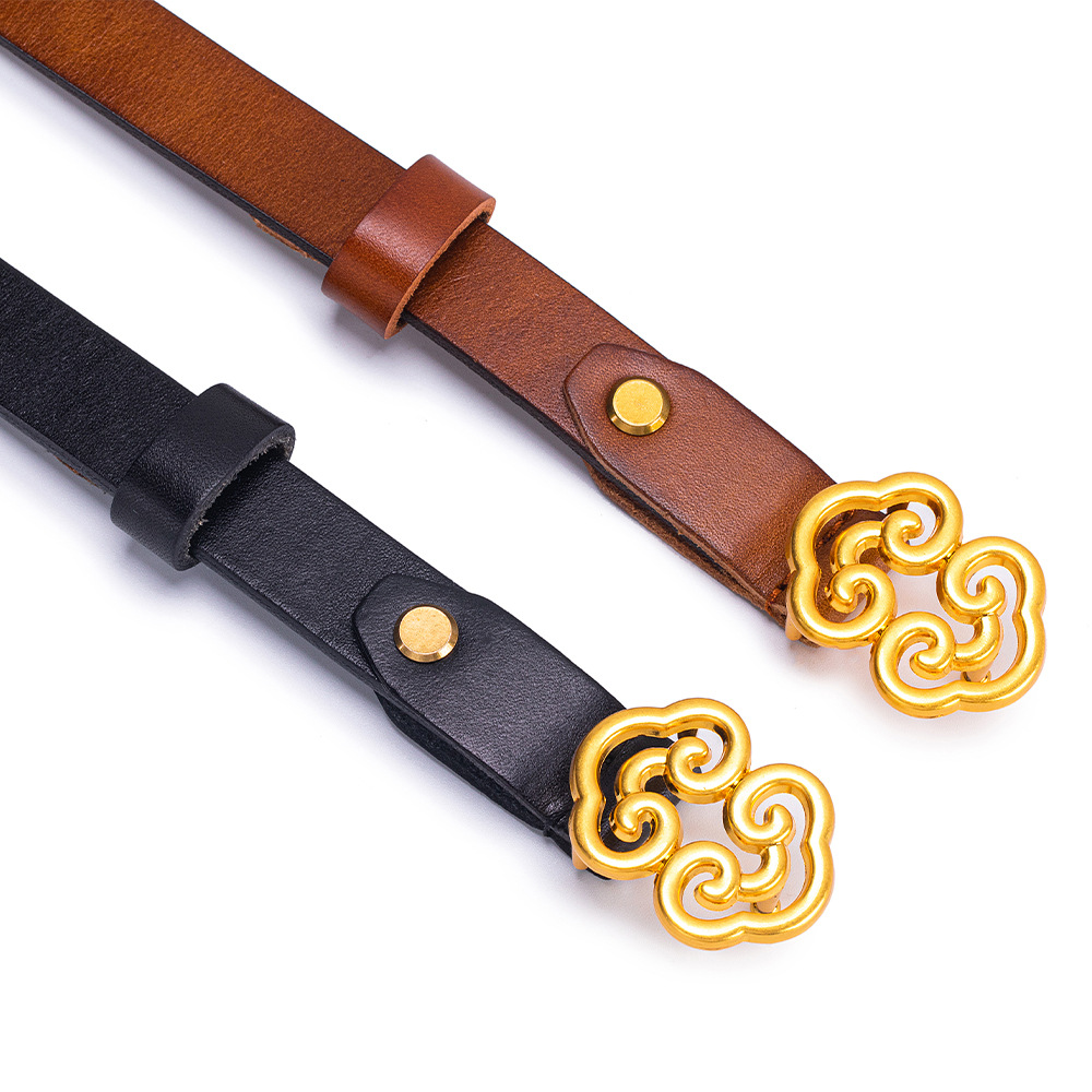 Korean Style New Thin Belt for Women, Fashionable and Versatile Genuine Leather Belt, Retro Gold Buckle Niche Decorative Trouser Belt