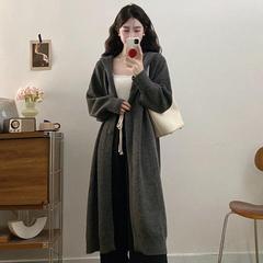 原版韩系慵懒风连帽长款针织开衫女秋冬加厚宽松显瘦百搭外套大衣