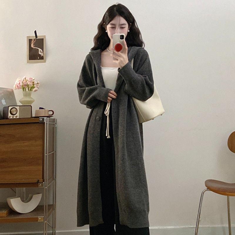 原版韩系慵懒风连帽长款针织开衫女秋冬加厚宽松显瘦百搭外套大衣