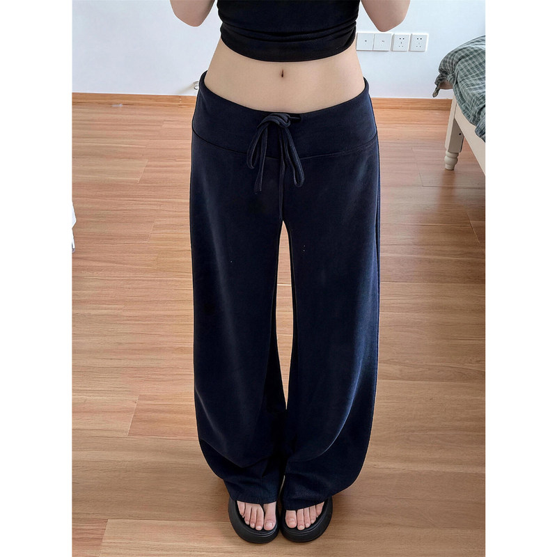 Navy blue wide-leg pants for women, summer thin high-waisted slimming drapey sports ice silk yoga air-membrane pants