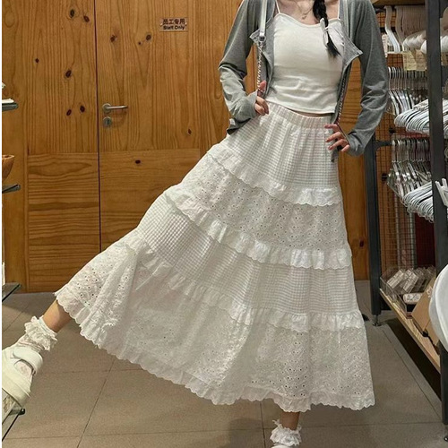 Lace cake dress for women 2025 high-waisted slimming waist-cinching mini skirt for petite figures white early autumn long dress A-line