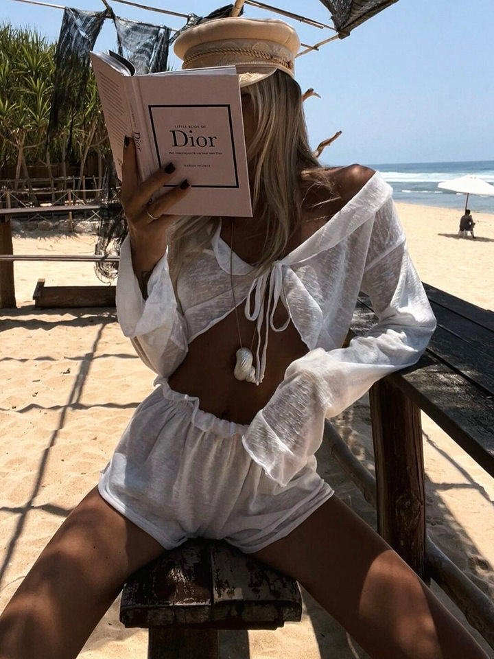 Bộ đồ ngủ nữ áo cardigan thắt dây kèm quần short dệt kim mặc nhà thoải mái — Màu trắng, Màu đen chi tiết 25