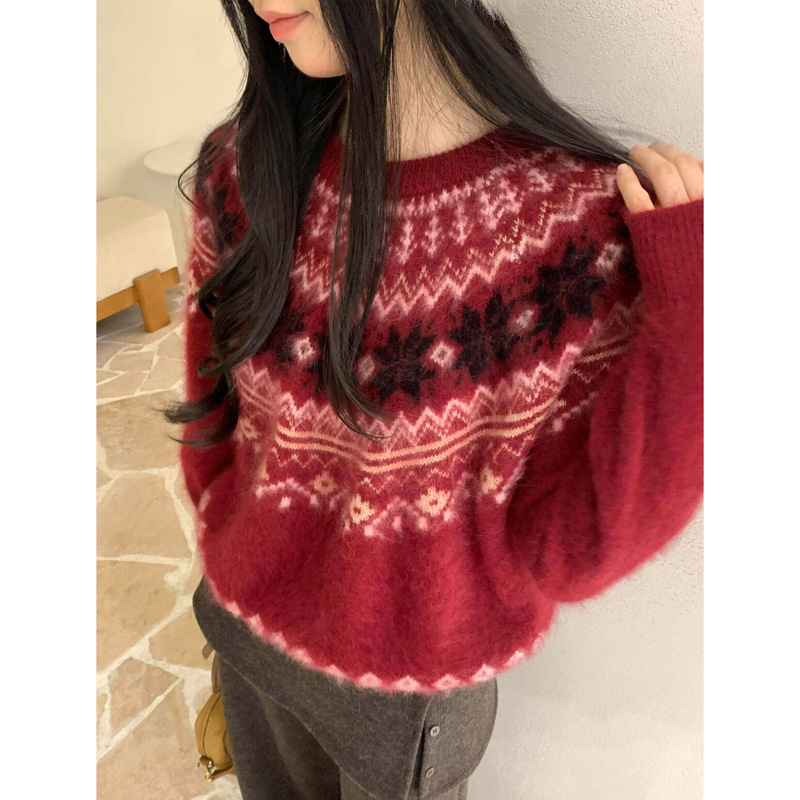 Clearance of Discontinued Sizes | All-Wool Fair Isle Brushed Christmas Red Sweater for Women, Autumn and Winter Pullover Long-Sleeve Knitwear Clearance of Discontinued Sizes | All-Wool Fair Isle Brushed Christmas Red Sweater for Women, Autumn and Winter Pullover Long-Sleeve Knitwear
