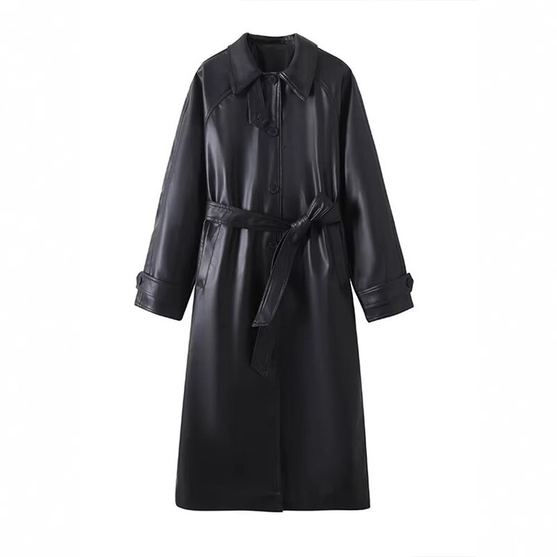 2025 Spring New Women's Fashion Slim Fit Waist-Cinching Turn-Down Collar Versatile Faux Leather Windbreaker Jacket