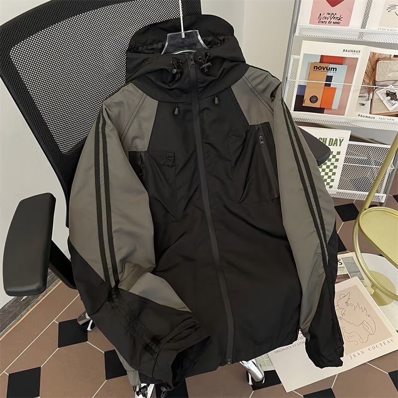 美式复古撞色拼接冲锋衣春秋季户外机能防水双层休闲工装夹克外套