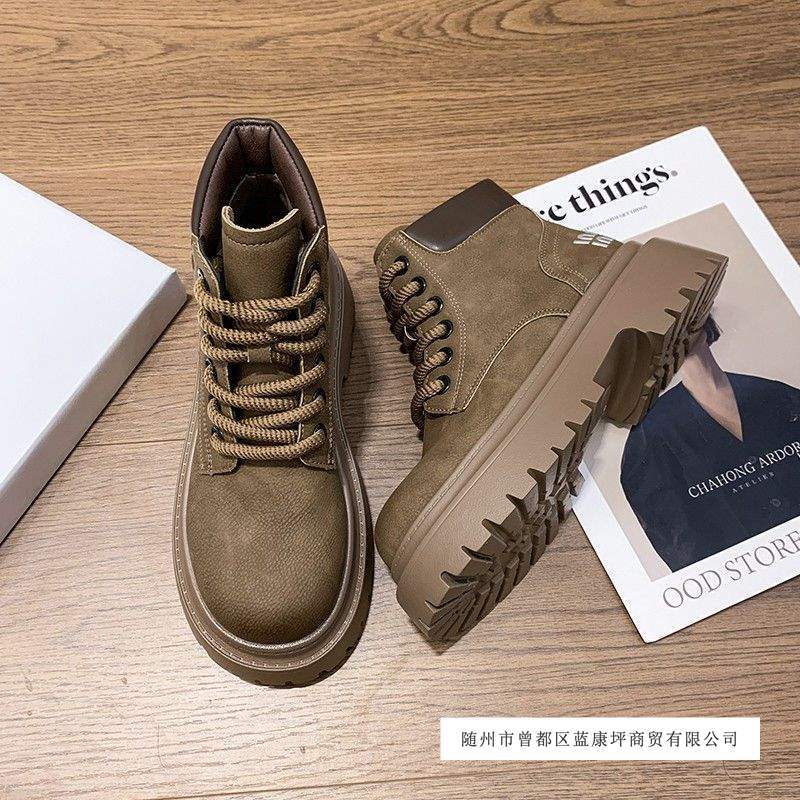 British Retro Martin Boots for Women 2025 Autumn New Thick-Soled Short Boots Heightening Non-Slip Workwear Rhubarb Boots Short Style