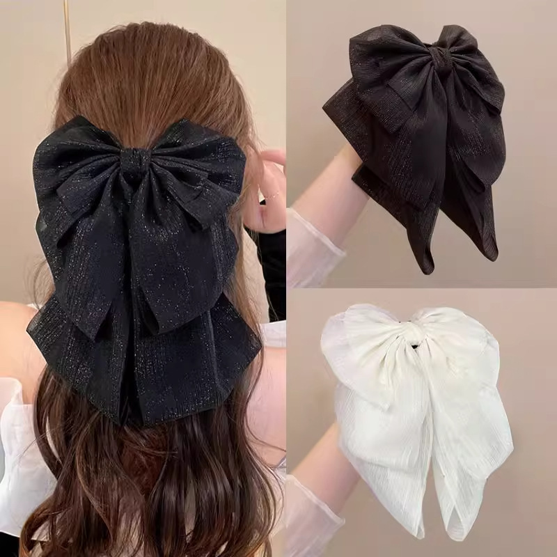 Bow Summer Big Bow Clip for the Back of the Head, Versatile Princess Head High Ponytail Clip, Pearlescent Gauze Hairpin Hair Accessory