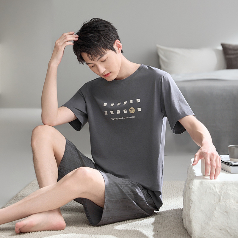 Pajamas Men's Summer Short-Sleeved Pure Cotton Thin Youth Summer Men's Cotton Casual Large Size Home Wear Set