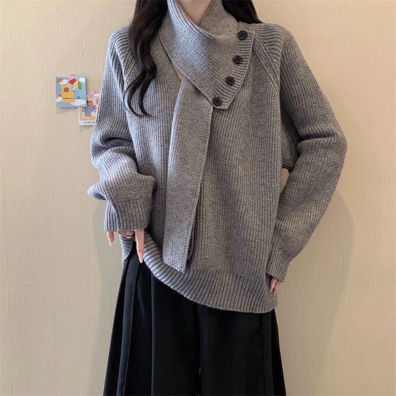 Autumn and Winter Korean Style Lazy Style Knitwear Slimming Look Loose Scarf Collar Knitwear Women's Casual Elegant Slimming Look Age-Reducing Jacket