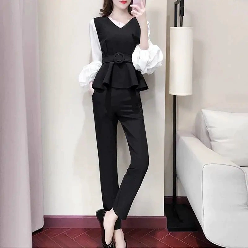 Европейская и американская трансграничная женская одежда больших размеров, костюм для женщин с толстым мм животом, женская мода, новый профессиональный весенне-осенний комплект из двух предметов с пышными рукавами