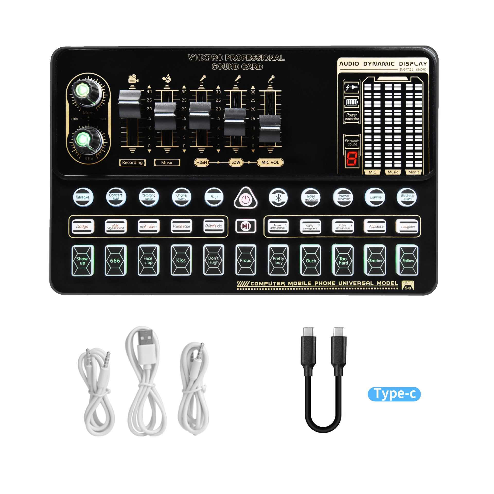 V10XPRO 사운드 카드 + 안드로이드 폰 TYPE-C 케이블 + 영어 설명서