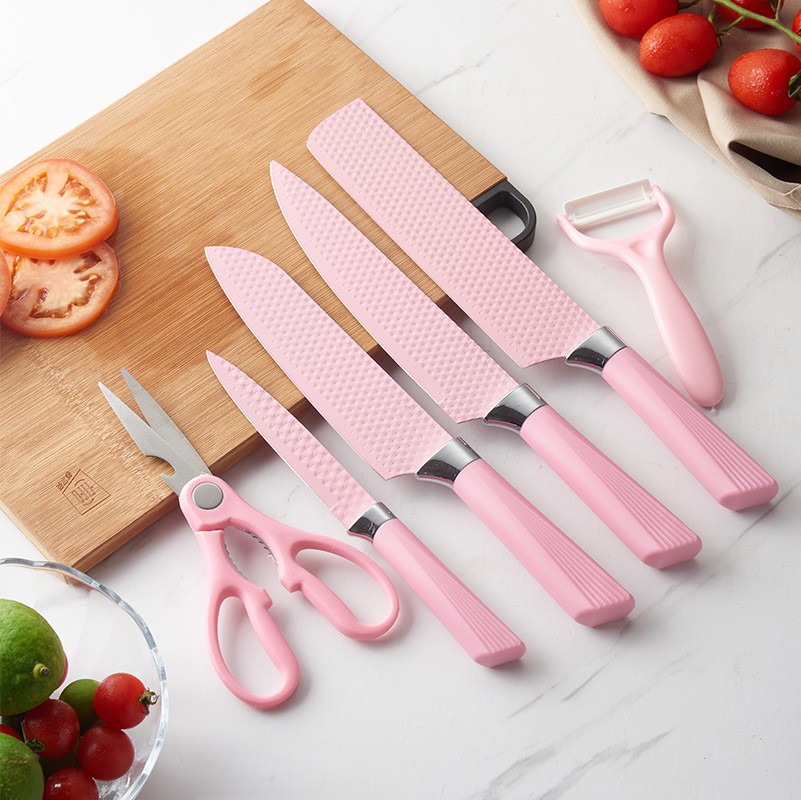 Inventario al por mayor nuevo acero inoxidable pulverización rosa diamante manija viejas seis piezas cuchillo conjunto de herramientas de cocina