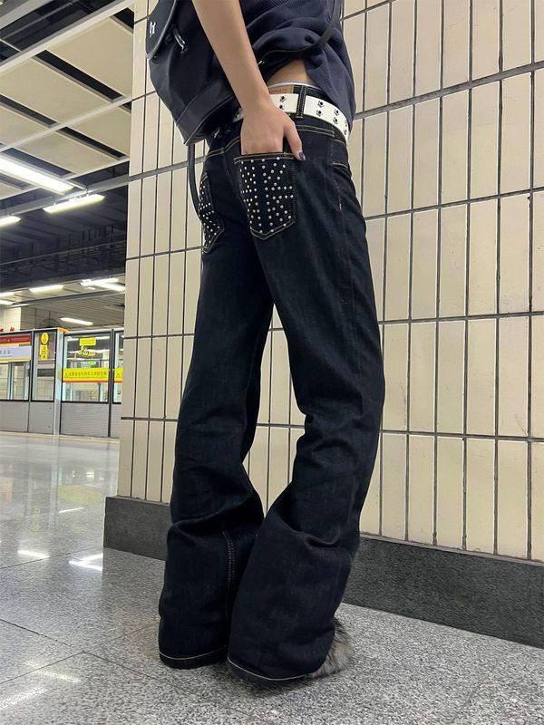 大码美式复古辣妹低腰不规则重工钉珠牛仔裤女设计感直筒显瘦长裤|undefined