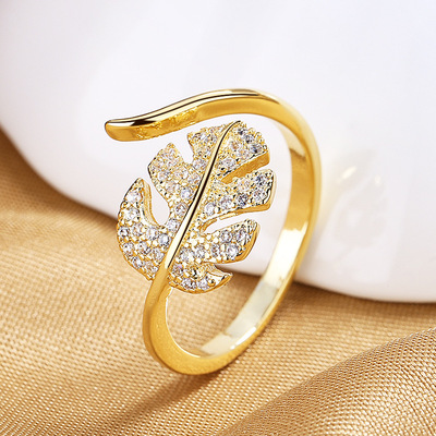 South Korean female fashion ring design feeling small leaves zircon plating 24 k gold finger ring jewelry wholesale