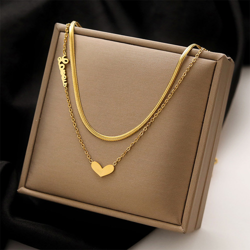 Internet celebrity Korean titanium steel design love love double-layer necklace female niche brand simple and versatile clavicle chain