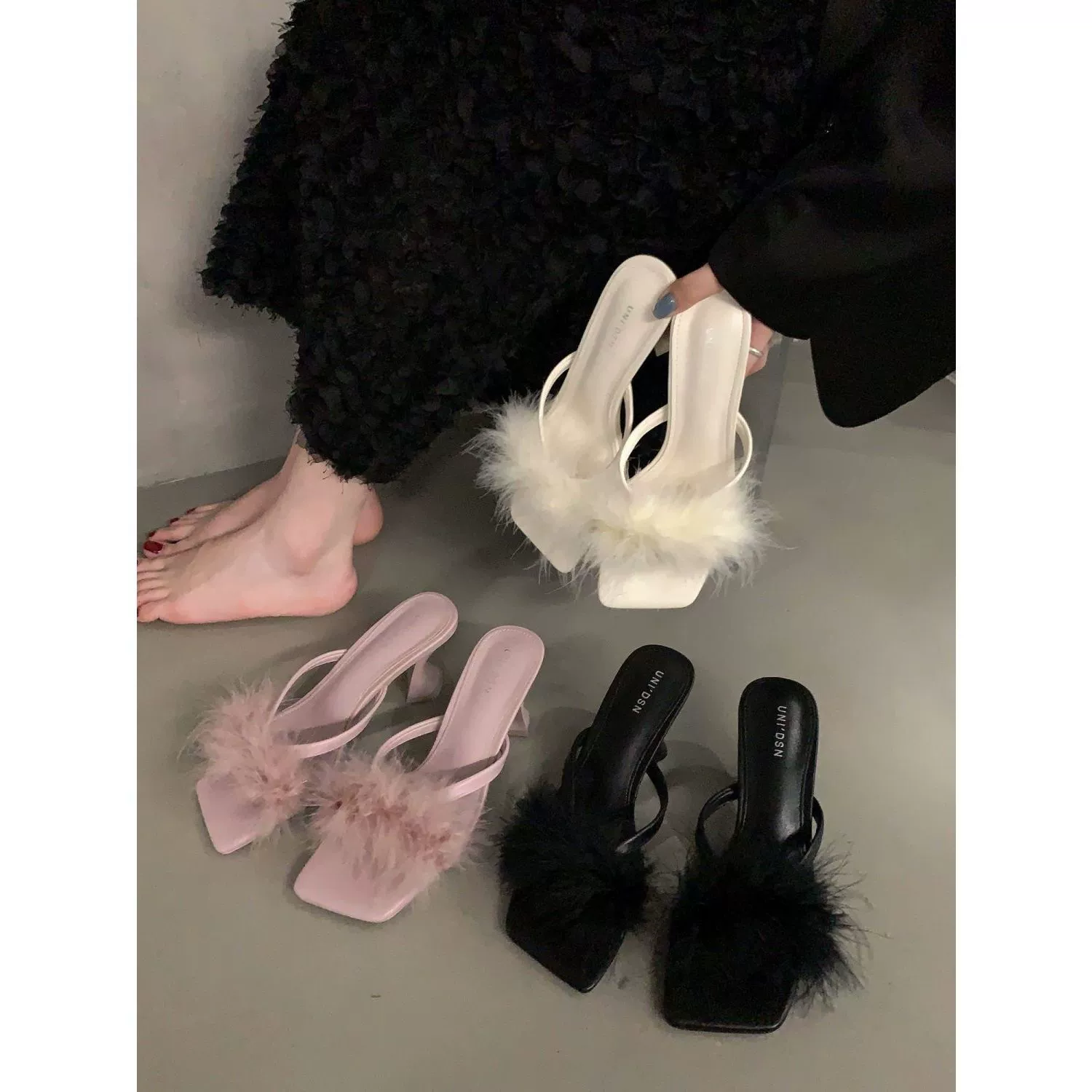 Фея Ветер черный сандалии 2024 новый летний французский туфли на высоком каблуке шерстяные тапочки женская обувь носить на улице