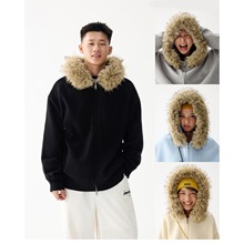 原创美式复古可拆卸毛领开衫毛衣男女纯色连帽慵懒针织衫情侣外套