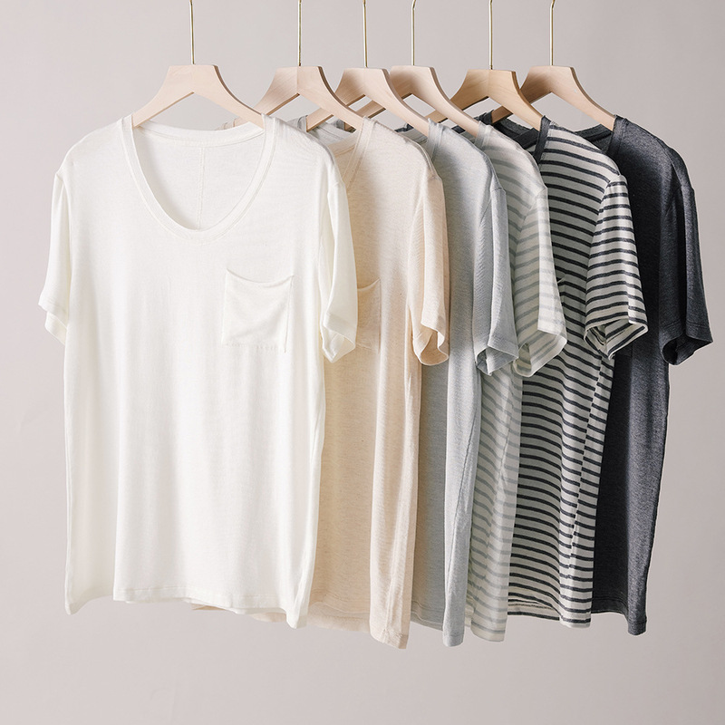 Tencel Acetate Linen Short-Sleeve Regular Shoulder T-Shirt for Women, Summer U-Neck Pocket Top, Casual Versatile Simple Base Shirt