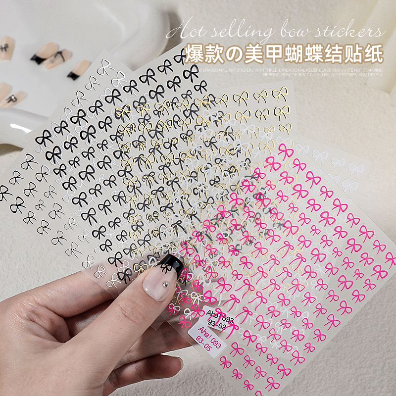 Pegatinas de Uñas con Diseño de Lazo, Estilo Nuevo, Transfronterizo, Calcomanías en Blanco y Negro con Lámina Dorada, Finas y Flexibles, Decoración de Uñas Sencilla