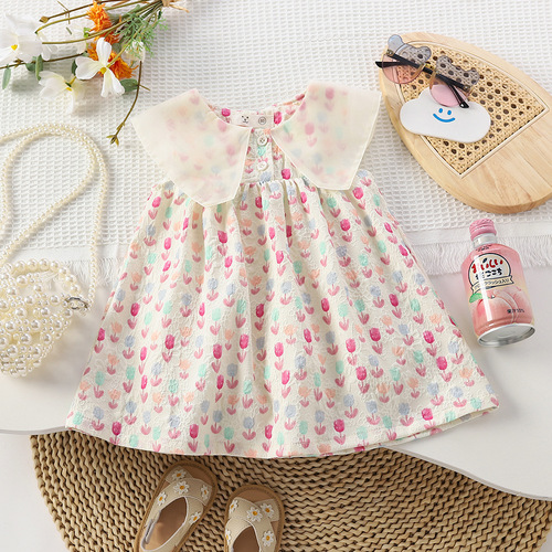 Summer Girls Korean Style Floral Skirt Sweet Floral Ruffle Sleeveless Top Bowknot Princess 