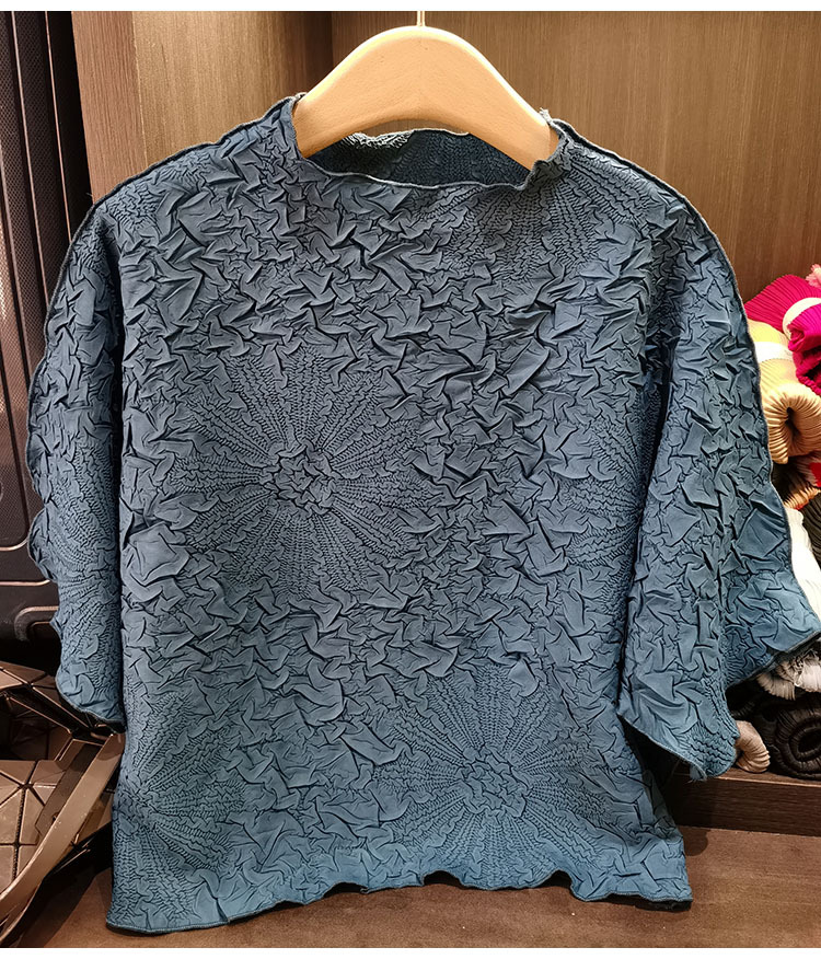 Áo thun dập nổi nữ tay dơi dáng rộng ngắn mùa hè — Màu đen, Màu cam, Màu xanh lam, Màu xanh navy chi tiết 19