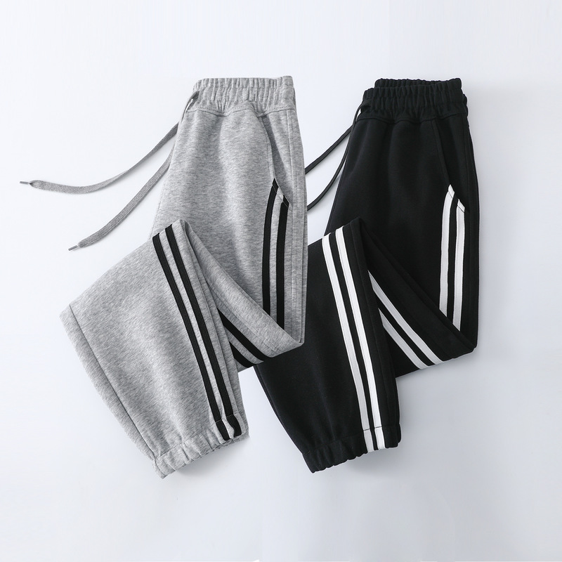 Spring and autumn women's cotton jogger pants with three stripes, casual long pants, high-waisted, plus-size, loose-fitting athletic pants