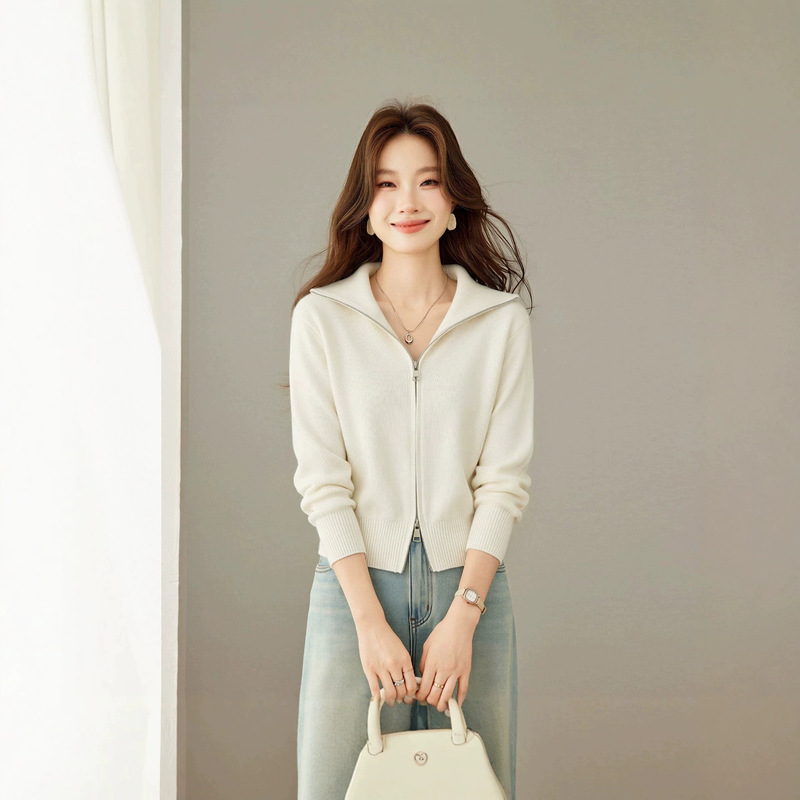 Navy Collar Double Zipper Sweater for Women, 2025 Autumn/Winter New Loose Casual Short Coat, Age-Reducing Cardigan