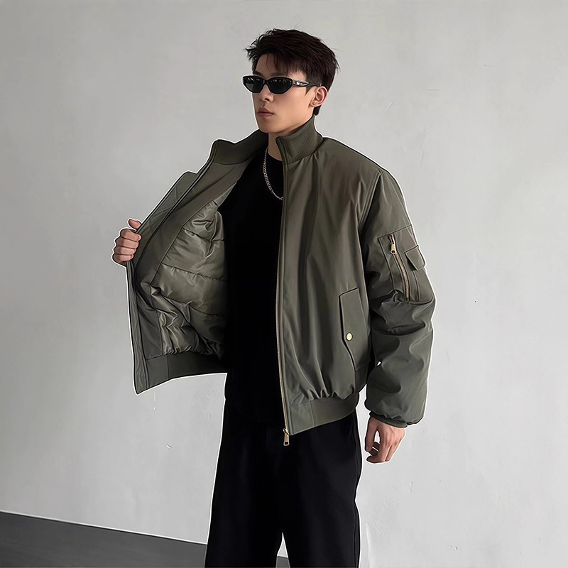 Cleanfit Black Flight Jacket, Men's Winter Style, Padded Jacket, Short Stand Collar Baseball Jacket
