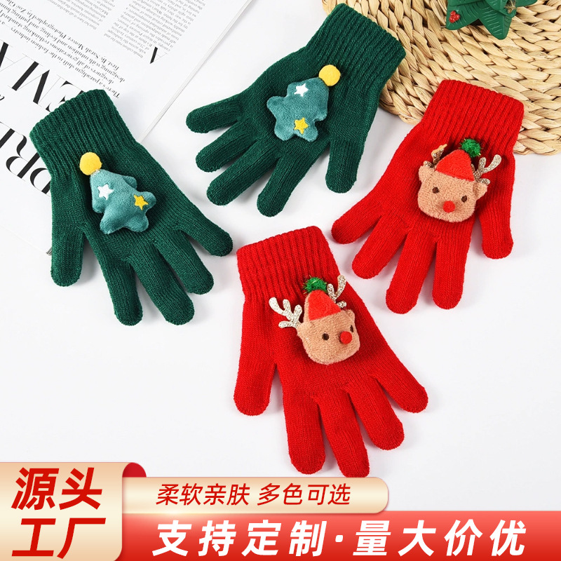 秋冬跨境圣诞系列圣诞树麋鹿晴纶纱手套针织毛线手套儿童保暖分指