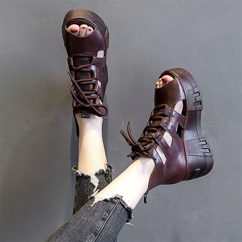 Sandalias de mujer de cuero suave de la plataforma de cuña hueca sandalias de la madre peep toe con cordones de cuero suave estilo étnico sandalias de las mujeres romanas