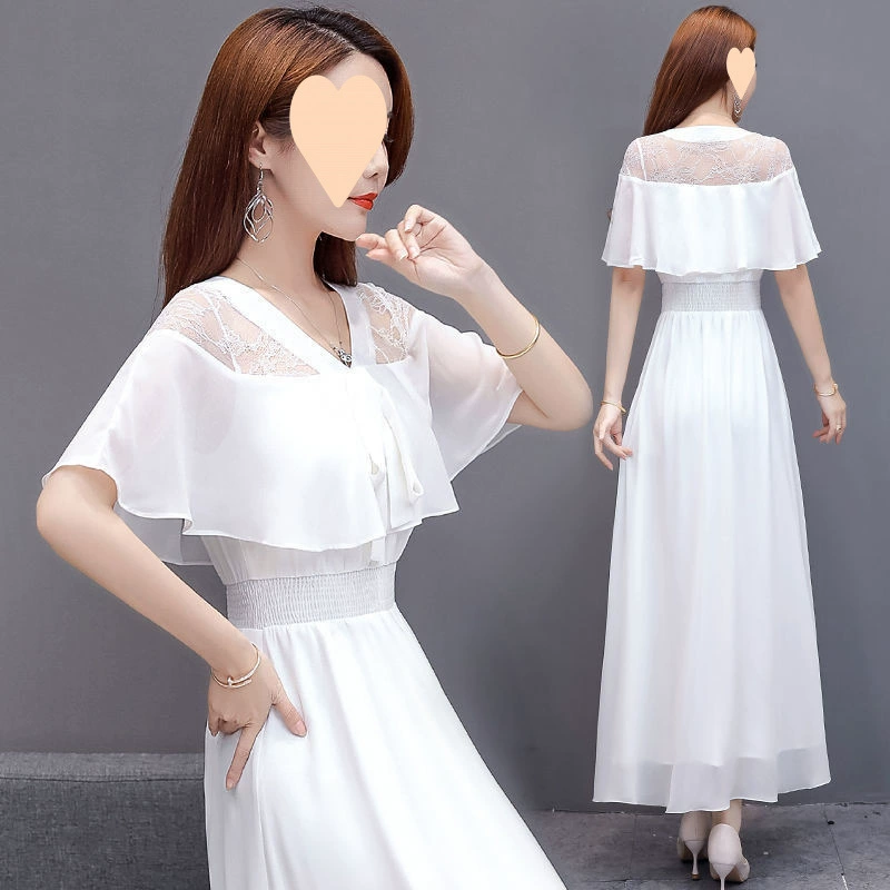 Белое шифоновое платье, длинная тонкая юбка с кружевом, новинка 2025 года, пляжная юбка с воротником, длинная юбка для женщин, лето