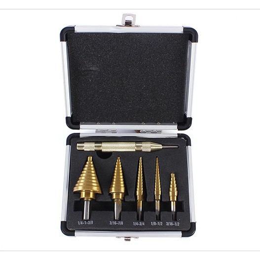 5PC英制宝塔钻套装三角柄直槽铝盒打孔扩孔台阶钻