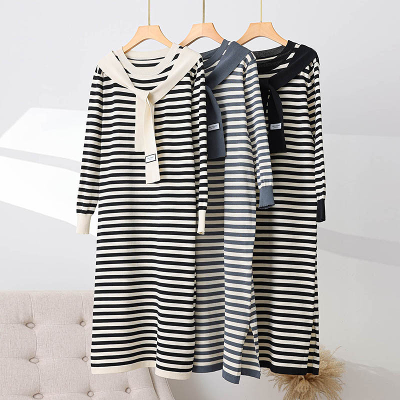 Korean Style Fashionable New Knitted Dress for Women in Spring and Autumn, Round Neck, Striped Ribbon, College Style, Straight Skirt for Outer Wear