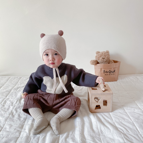 Korean Version Baby Clothes Spring and Autumn Children Stylish Knitted Sweater for Boys and Girls Cute Bear Hooded Top Spring Outfit