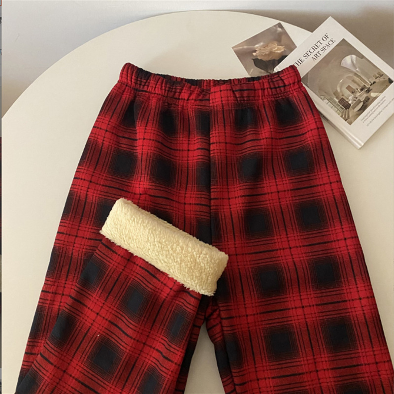 女性用の厚みのあるベルベットのチェック柄パンツ、新しい冬スタイル、スリムで多用途、ハイウエスト、ルーズ、カジュアル、ワイドレッグパンツ、ズボン|undefined