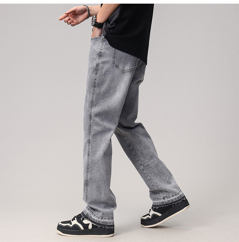 2023 Spring/Summer new solid-color jeans for men, washed light gray distressed pants with frayed edges, American straight-leg pants pic 15