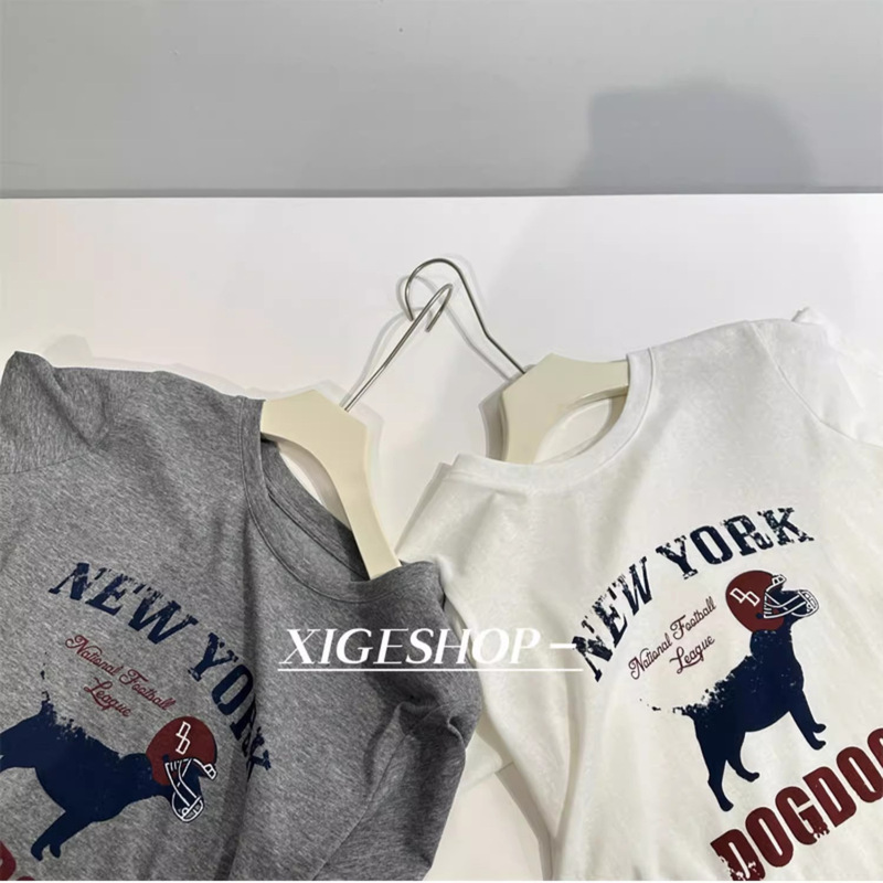 American Style Retro Printed Dog Letter Short-sleeved T-shirt Women's All-match Loose White Casual Korean Style Top Cartoon T-shirt for Summer