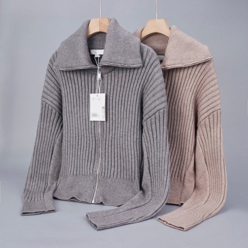 2025 Scandinavian Style Contour Threaded Lapel Zipper Open Shoulder Knitwear Jacket