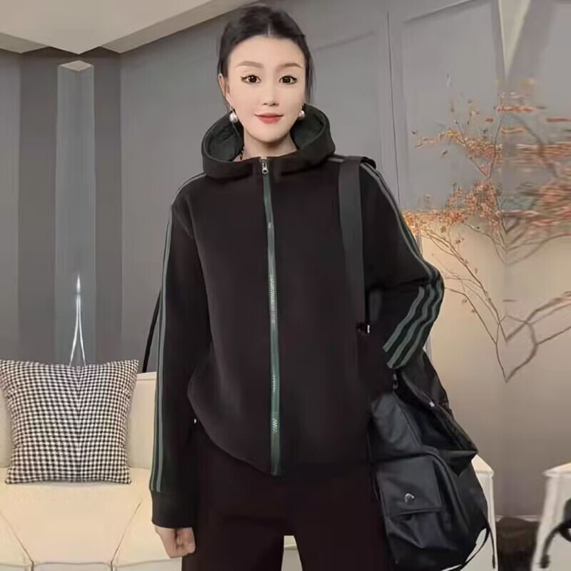 高档奥粒绒秋冬季上衣保暖外套新款开衫连帽衫休闲防风拼接卫衣女|undefined