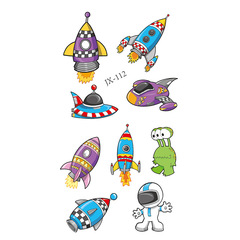 新款彩色卡通趣味紋身貼星際太空火箭男孩一次性紋身貼紙隔水防汗