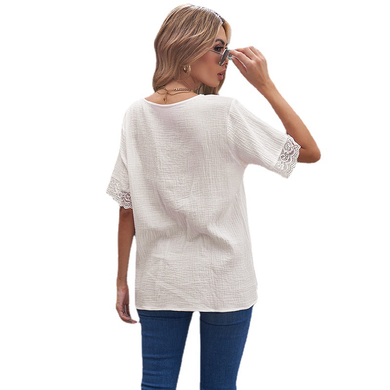 时颖欧美衬衫女夏季新款纯色蕾丝拼接短袖排扣上衣女衬衣加工定制