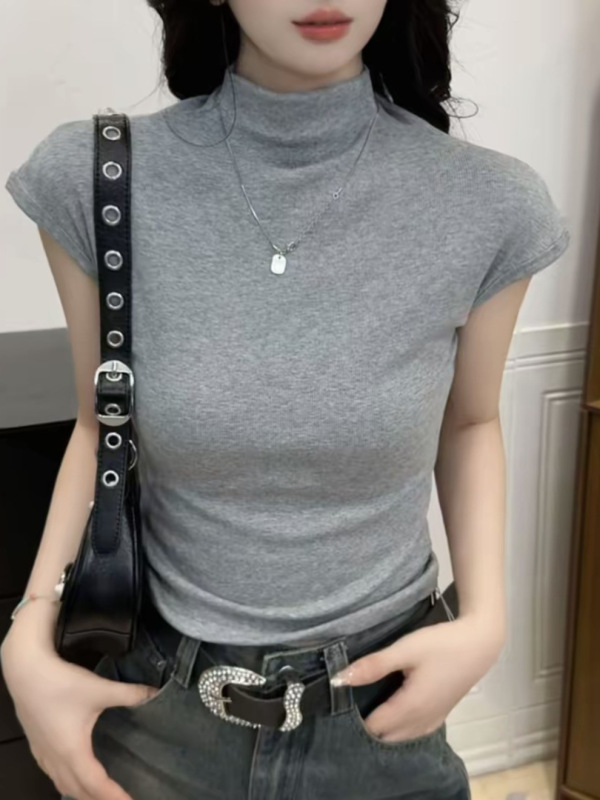 2025半高领短袖T恤女时尚纯色韩版显瘦早秋打底衫内搭女上衣夏|undefined