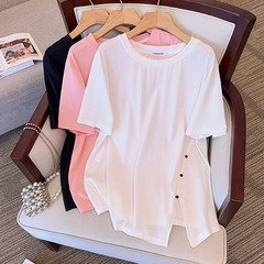 丸襟新加肥加大コードがやせてゆるい中長半袖tシャツ女200/300/350斤7163