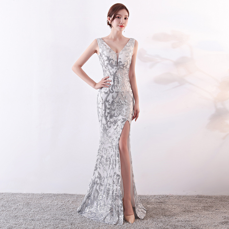 1202 # Mesh Embroidered Sequin Long Slim Fishtail Dress for Women Banquet Fashion Host Dress Party