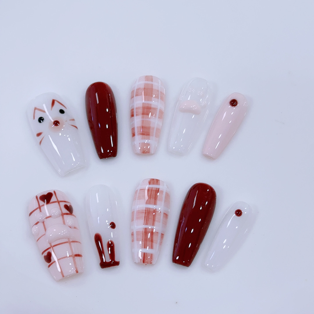 Pintado a mano desgaste de uñas café Rosa chocolate blanco fresa meow suave lindo serie extraíble falso clavo parche de uñas