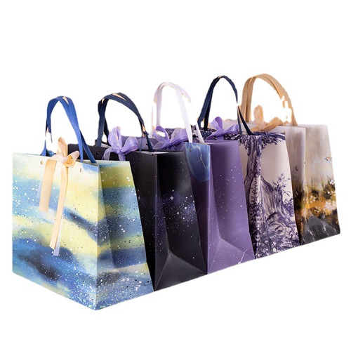 Oil painting style starry sky bow gift bag hand bag paper bag jewelry store gift packaging bag clothing shopping bag