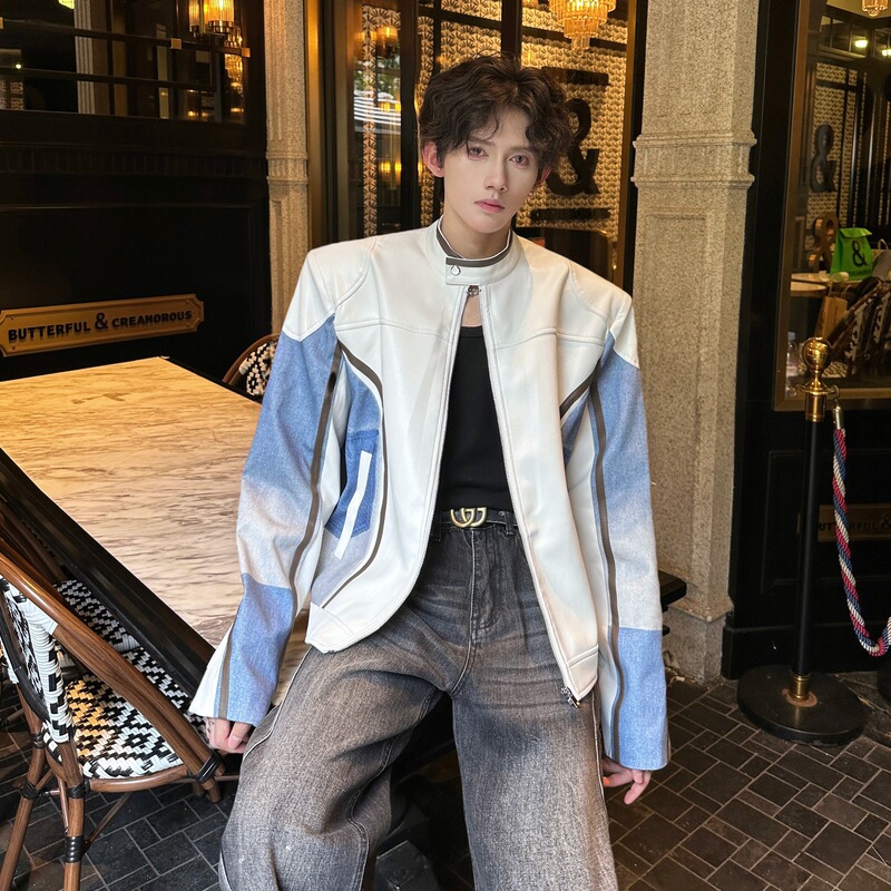 2025 Niche Deconstructed Small Stand Collar Shoulder Pad Denim Stitching Contrasting Pu Leather Jacket High Street Jacket