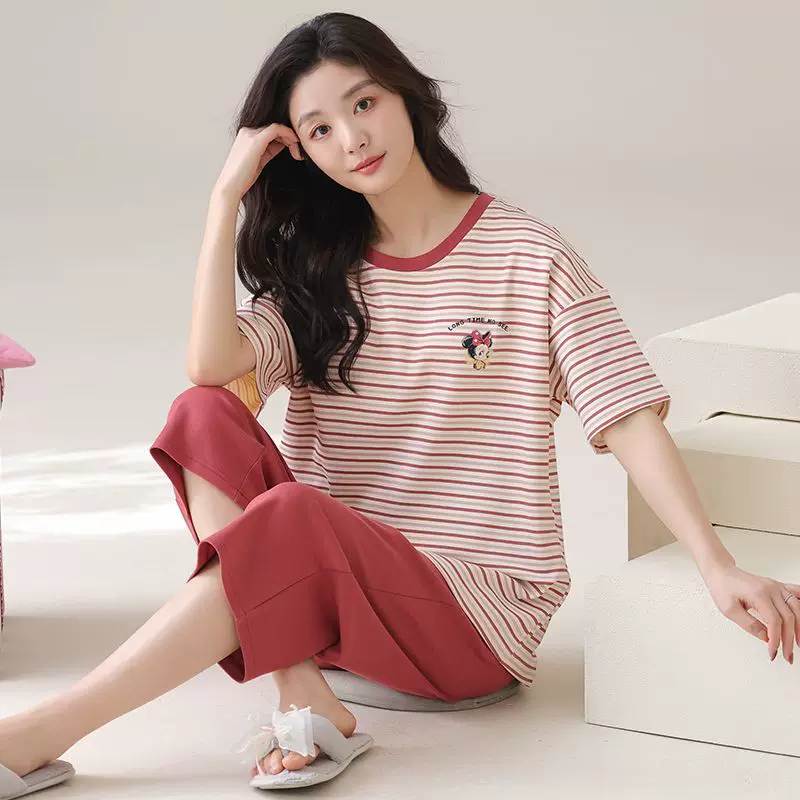 Summer cute trousers, pijama, tie with a round collar, top with cups, with short sleeve, simple and elegant design